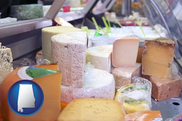 a cheese display at a dairy products store - with Alabama icon