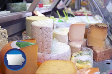 a cheese display at a dairy products store - with Iowa icon