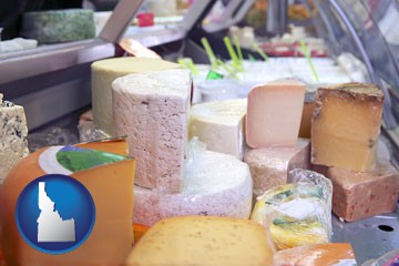 a cheese display at a dairy products store - with Idaho icon