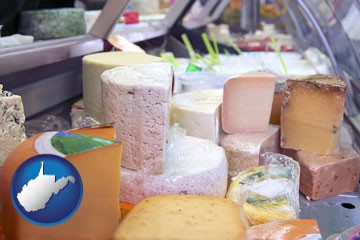 a cheese display at a dairy products store - with West Virginia icon